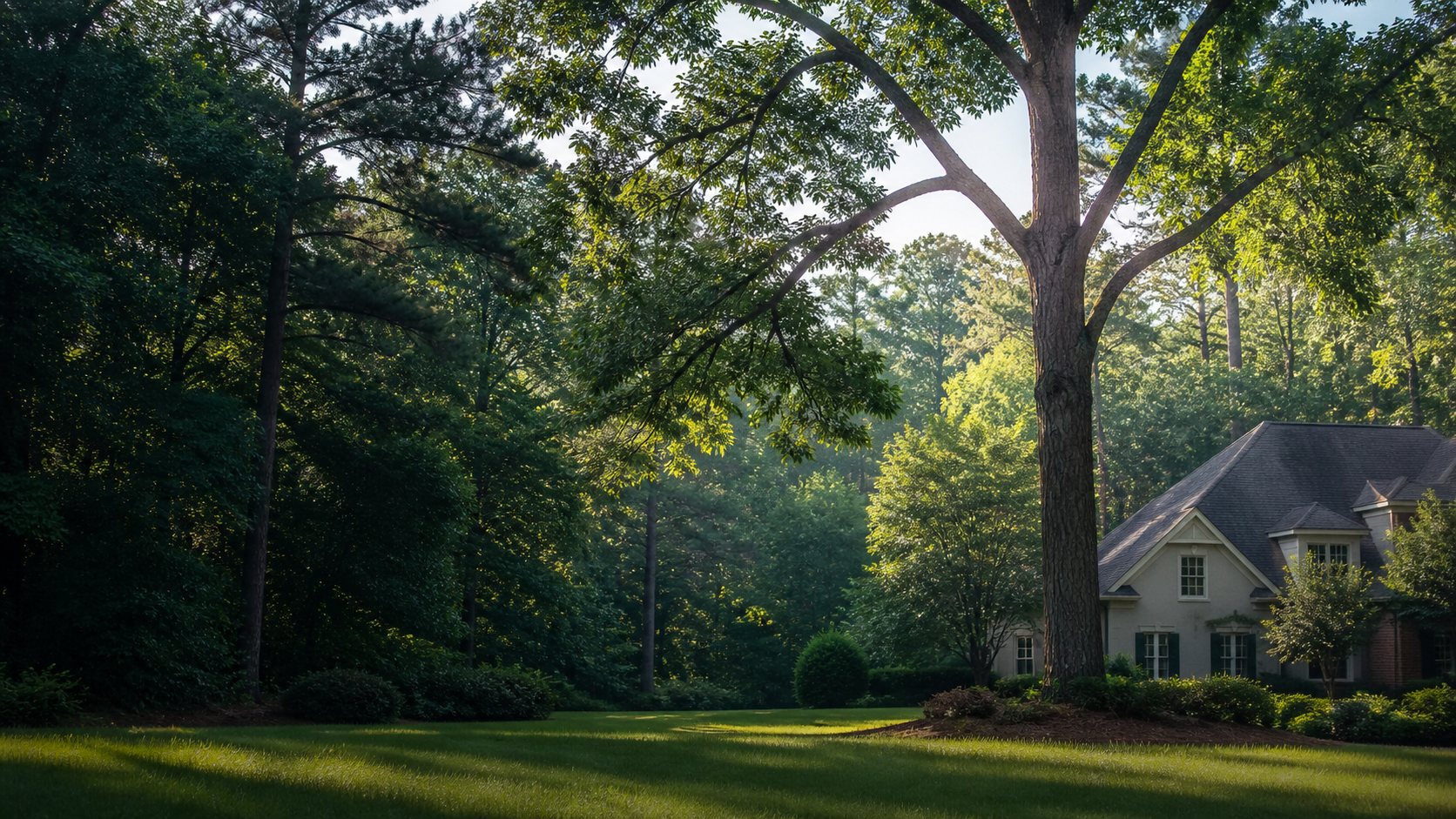 Illustrated mature trees surrounding a Spartanburg-area home